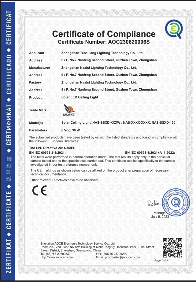 AOC230620006S-sean-Tenailiang Lighting Technology-Solar LED Ceiling Light-EN 60598-2-1-230615004 cer update 1ts_已签章(2)